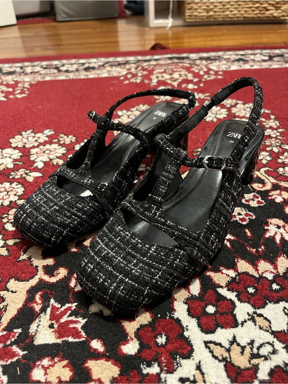 Zara Black Tweed T-Strap Block Heel Sandals